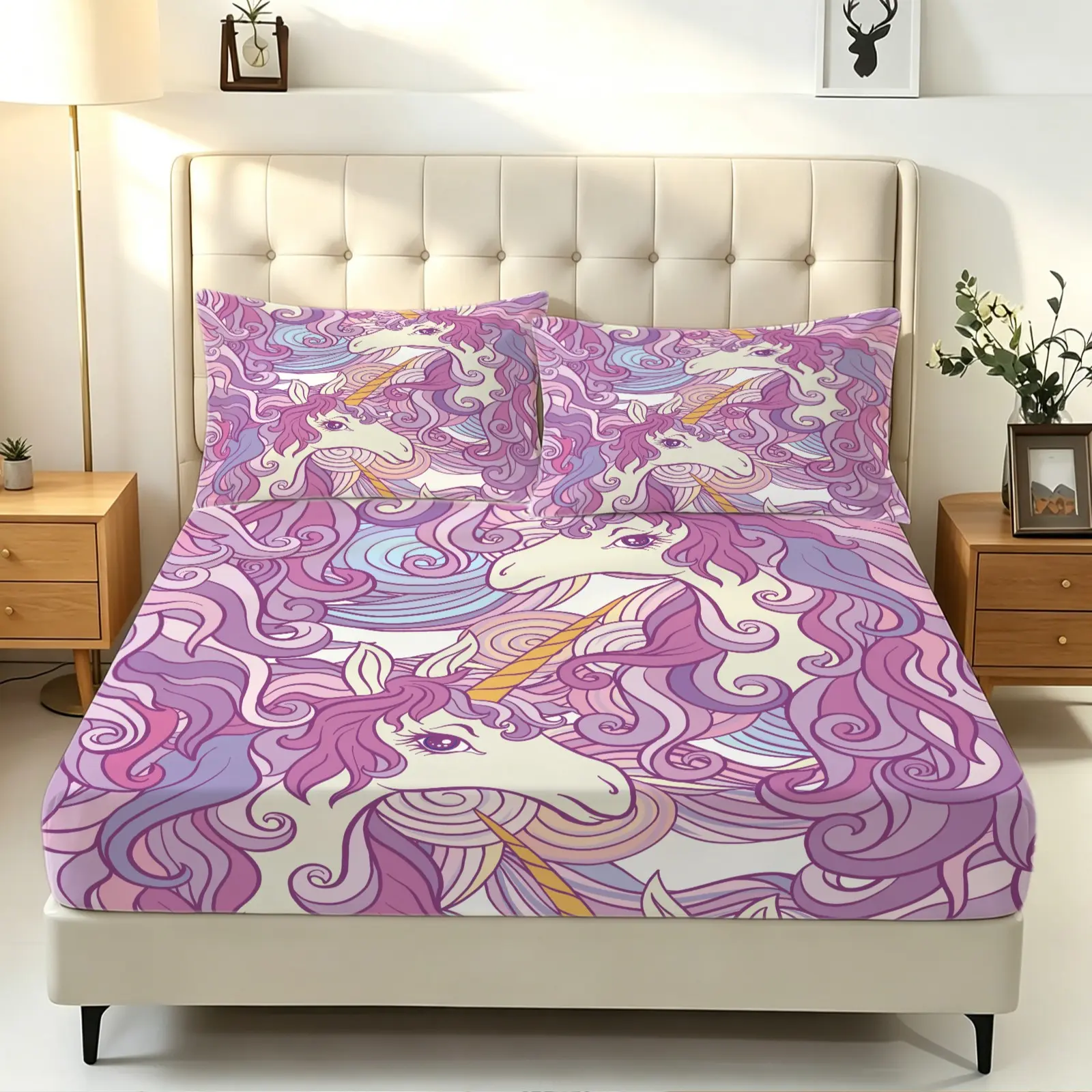 3 Piece Bedding Set with 2 Pillowcases, Toddler Sheet Set, Cute Unicorn Digital Print Fitted Sheet Set Soft Microfiber Cartoon Rainbow Wing Unicorn Bedding Set, Kids Girls Bedroom Decor All Season Comfortable Deep Pocket Mattress Cover