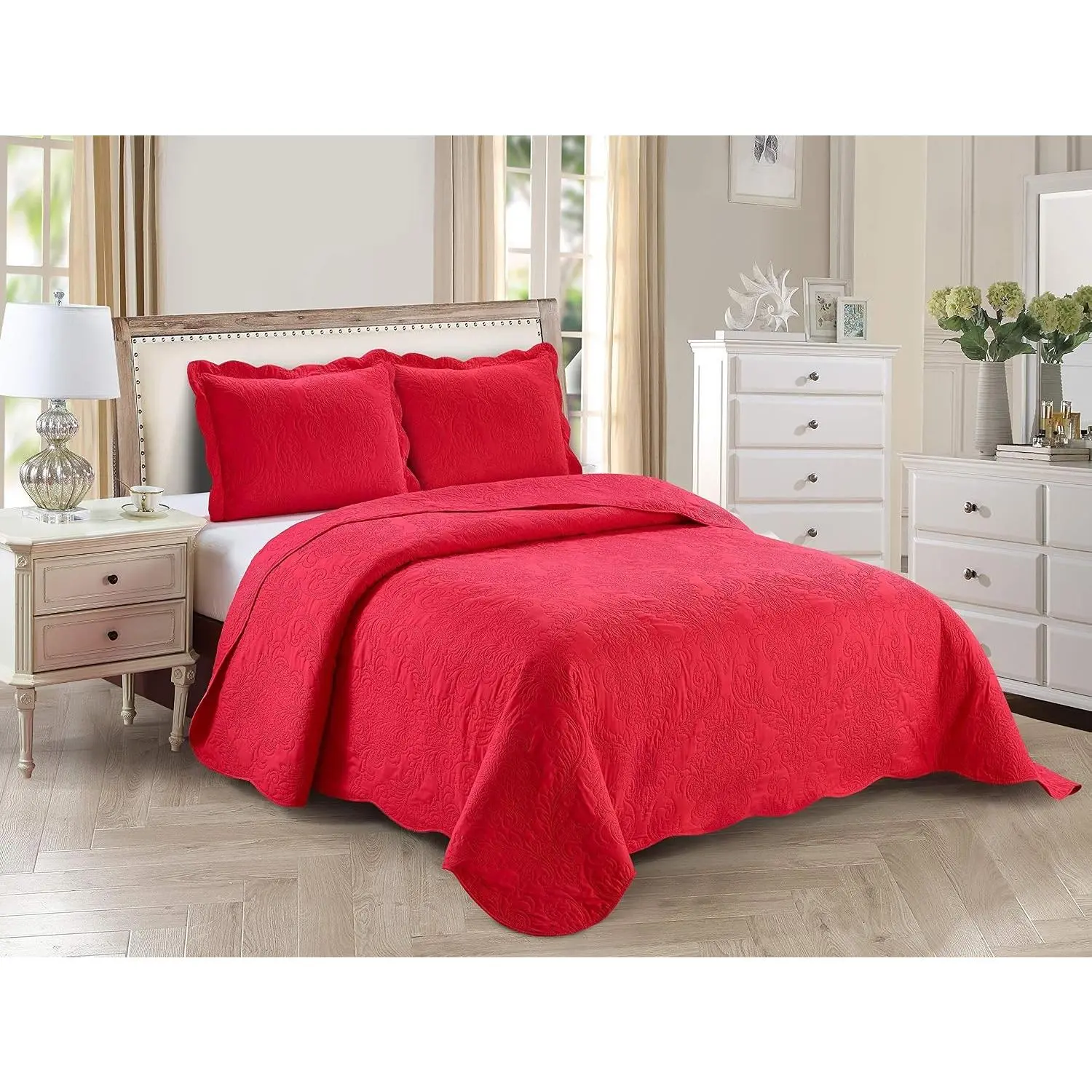 3pc King/Cal King Over Size Elegant Embossed Bedspread Set Light Weight Solid Red New Stacy