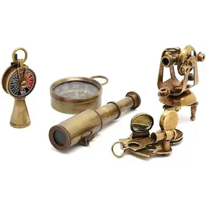 Set of 5 Brass Miniature Nautical Replicas Vintage-Style Telescope, Compass, Sextant, Theodolite & Telegraph Steampunk Decor & Collectible Gift Set for Teens, Adventure Seekers & Maritime Enthusiasts