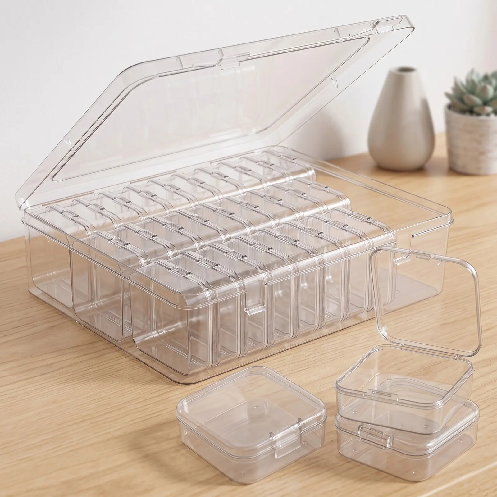 30 Grids Clear Plastic Storage Container, Outer Case with 30 Mini Small Flip Lid Boxes for Beads, Jewelry, DIY Crafts, Nails, Stickers & Small Parts Desktop Organizer