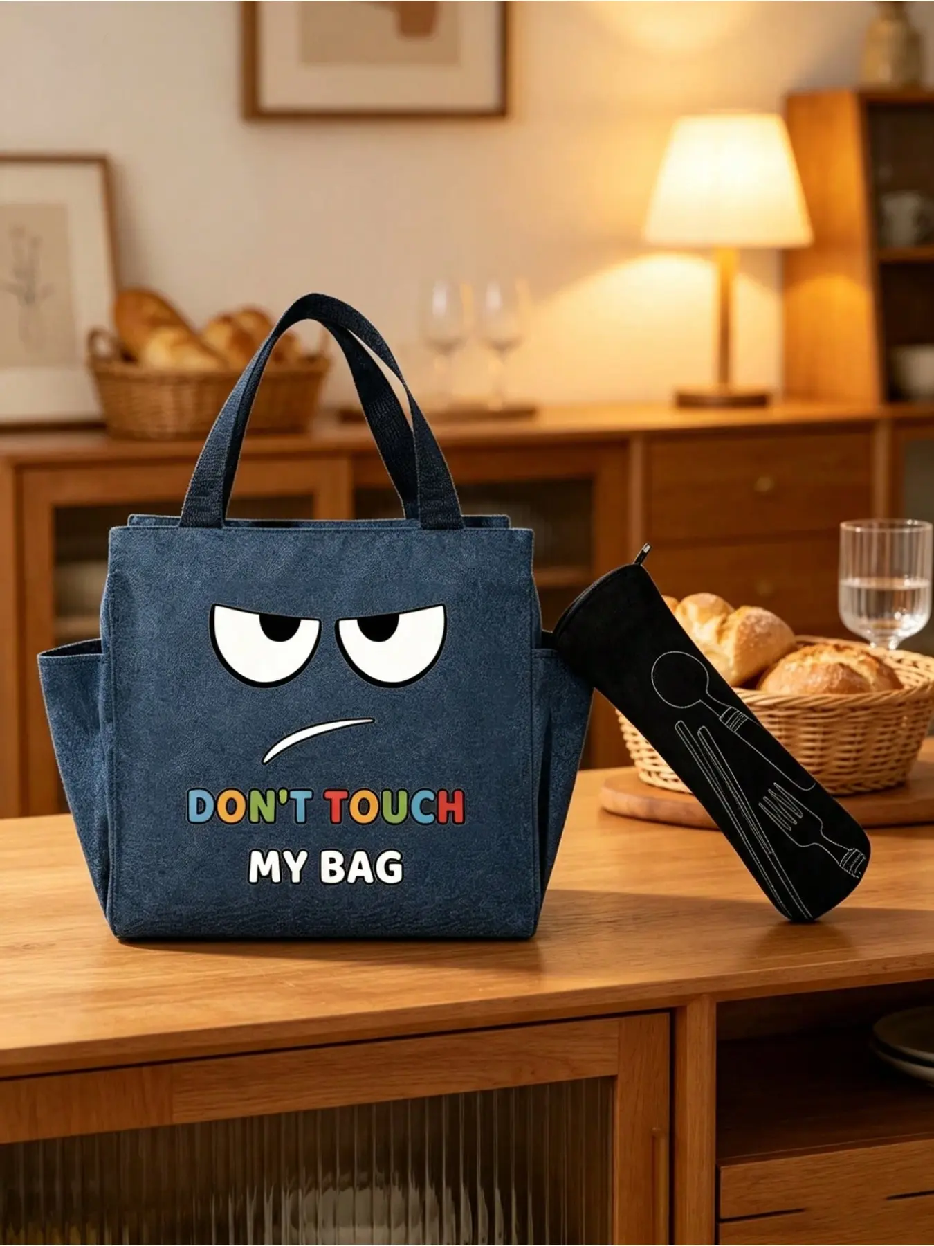 "Don't Touch My Bag" Printed Lunch Bag + Black Tableware Storage Bag Set, Student Insulation Bento Bag, Portable Travel Picnic Bag, Thickened Insulation and Cold Protection, Anti-splashing, Large Capacity, Easy Cleaning, Office, School, Work