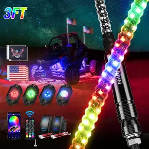 Nilight 2PCS 3ft RGB LED Whips & 4PCS Rock Lights Combo - Remote & App Control, DIY Setup, Chasing Mode, Glow Spiral, Outdoor Safety Lights, Stop/Turn/Reverse Antenna Compatible with ATV, UTV