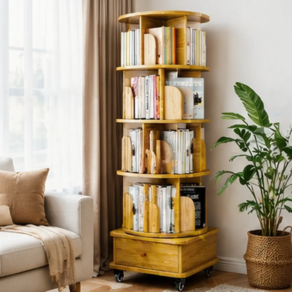 ARCH 6-Tier Rotating Bookshelf 360° Spinning Bookcase with Drawer and Wheels, MDF Wood Tower Shelf for Living Room Bedroom Home Office, Space-Saving Small Corner Storage Display Rack, Wood Color, Wood Color Options, MDF Material, Contemporary Style