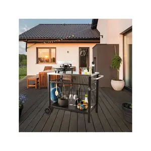 2026  Outdoor Grill Dining Cart With Double-Shelf, BBQ Movable Food Prep Table, Multifunctional Stainless Steel Table Top, Portable Modular Carts For Pizza Oven, Worktable With 2 Wheels, Carry Handle