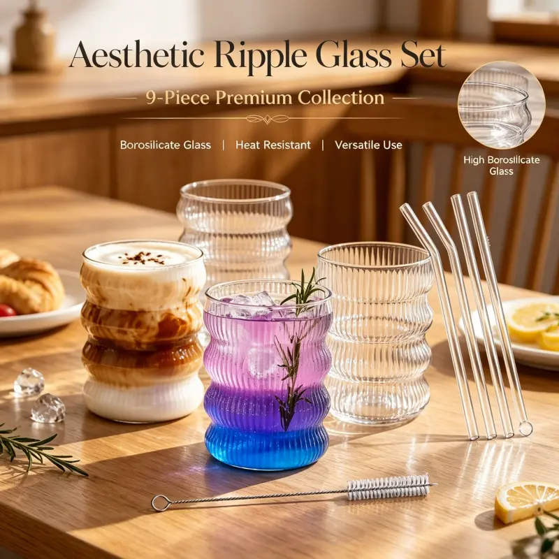 Premium Wavy Ripple Glass Cup 9 Pack Heat Safe Borosilicate Drinking Glasses Complete With Straws Brush Multi Purpose Beverage Glassware
