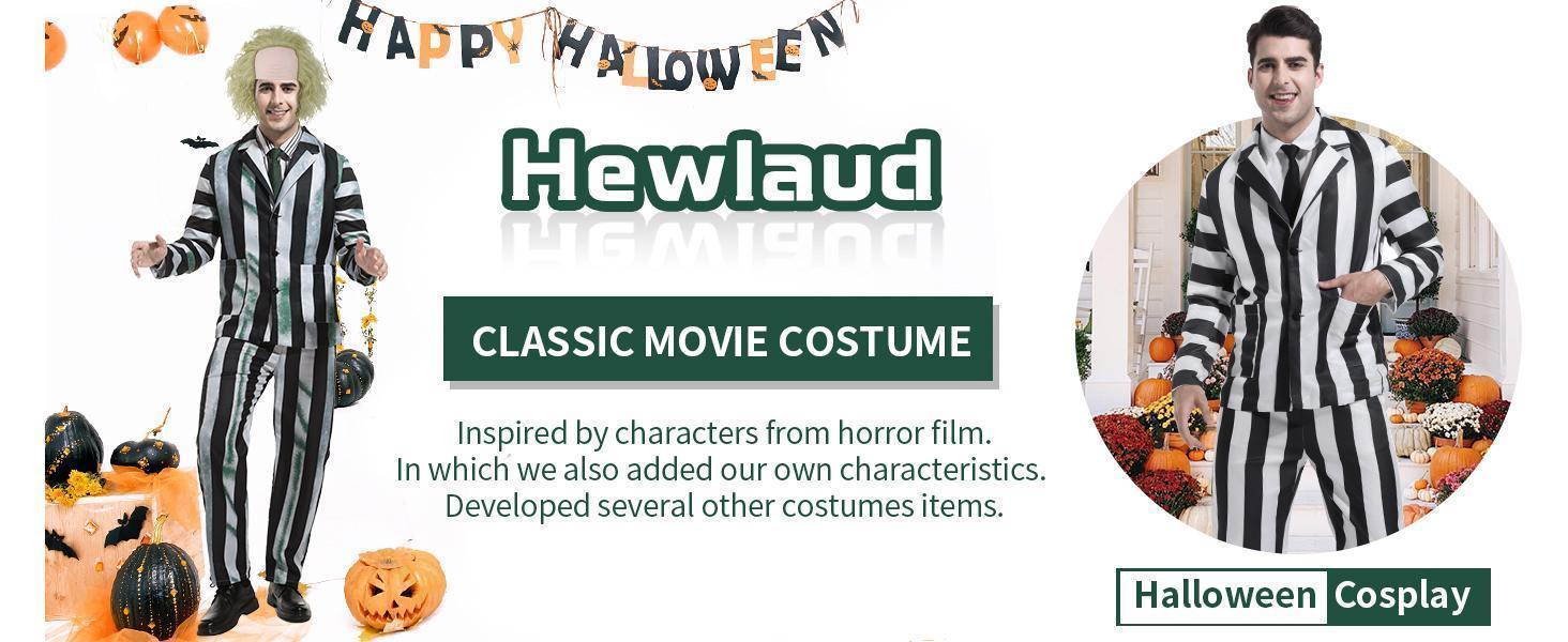 Adult Men Costume Black and White Striped Suit with Wig for Halloween Cosplay Party Outfit Horror Movie Character