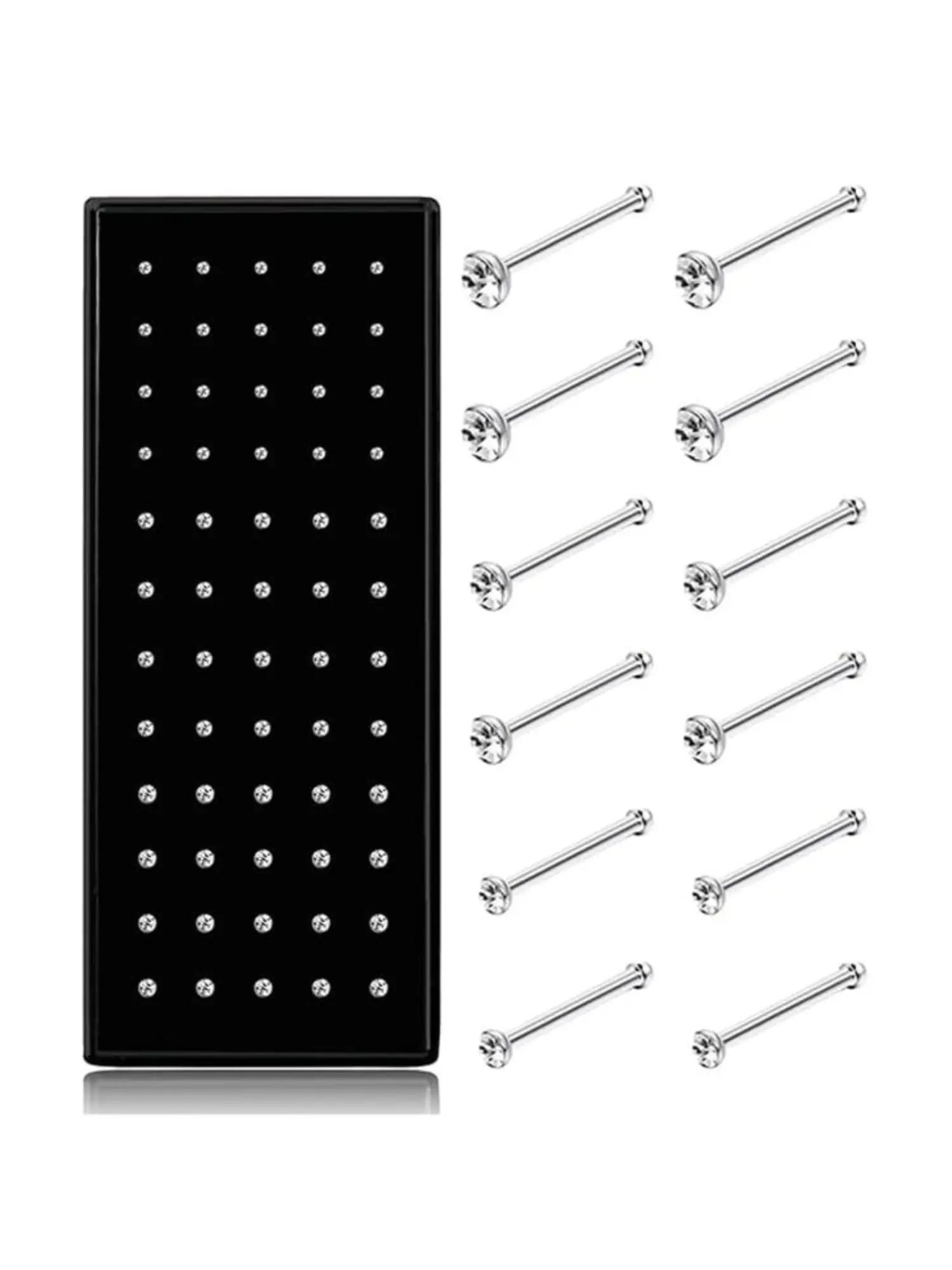 60 Pcs Silvery Straight Stainless Steel Nose Studs, Stud Nose Rings, Unisex Classic Shiny Zirconia Nose Pins Sleek Silver Finish Smooth Polished Surface Bulk Set with Ample Quantity for Daily Replacement Sharing Body Piercing Jewelry