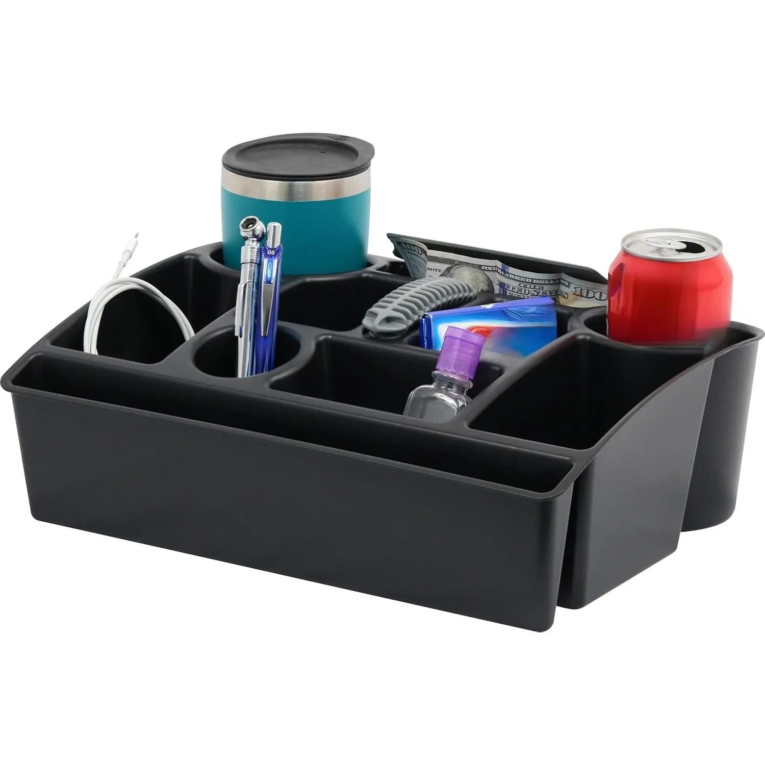 Vehicle Seat Organizer Car Storage Caddy with Carrying Handle, 2 Large Cup Holders, 10 Compartments, Hidden Extra Storage, Fits Most Vehicles, from Recycled Plastic