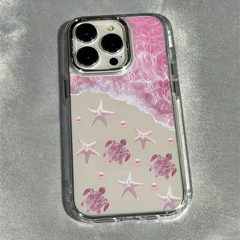 Phone case suitable for iPhone 17, 16 Pro Max, 15 Plus, 14, 13, 12 series. - Luxurious pink beach-themed phone case with transparent electroplated lens design