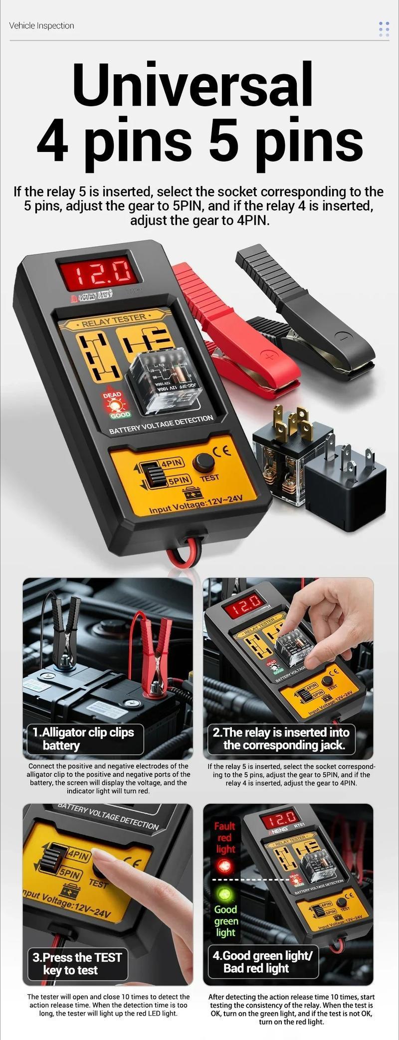 Car Relay Tester Voltage Tester  Universal 11-25V Automotive Car Battery Check LED Indicator Light Relay Diagnostic Restorer Kit Truck