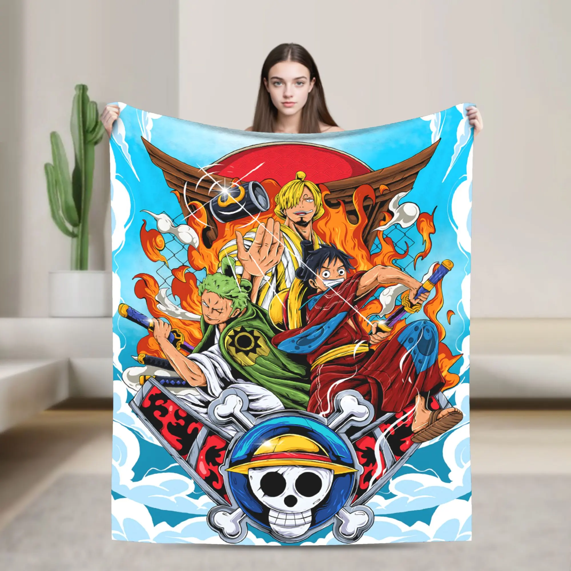 One Piece Luffy Zoro Sanji Flannel Blanket, Soft Lightweight Anime Throw Blanket Sofa Decor