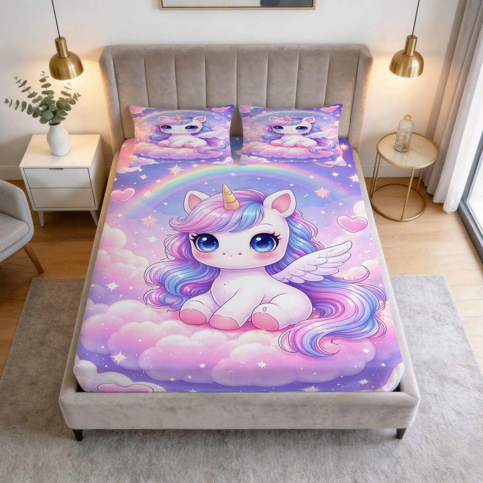 Pink Whimsical Unicorn Print Pattern Bedroom Bedding Bed Sheet Set, 1 Bed Sheet With 2 Pillowcases (Excluding Pillow Core), Available In Multiple Colors, Suitable For Bedrooms, Dormitories, And Guest Rooms, Suitable As Decorative Gifts And Decorations