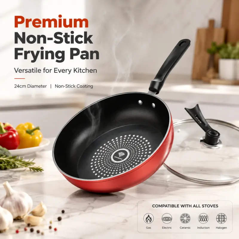 24cm Non-Stick Frying Pan with Lid - Non Stick Surface, Ultimate Food Release, No Oil Needed, PFOA-Free, Works on All Stoves