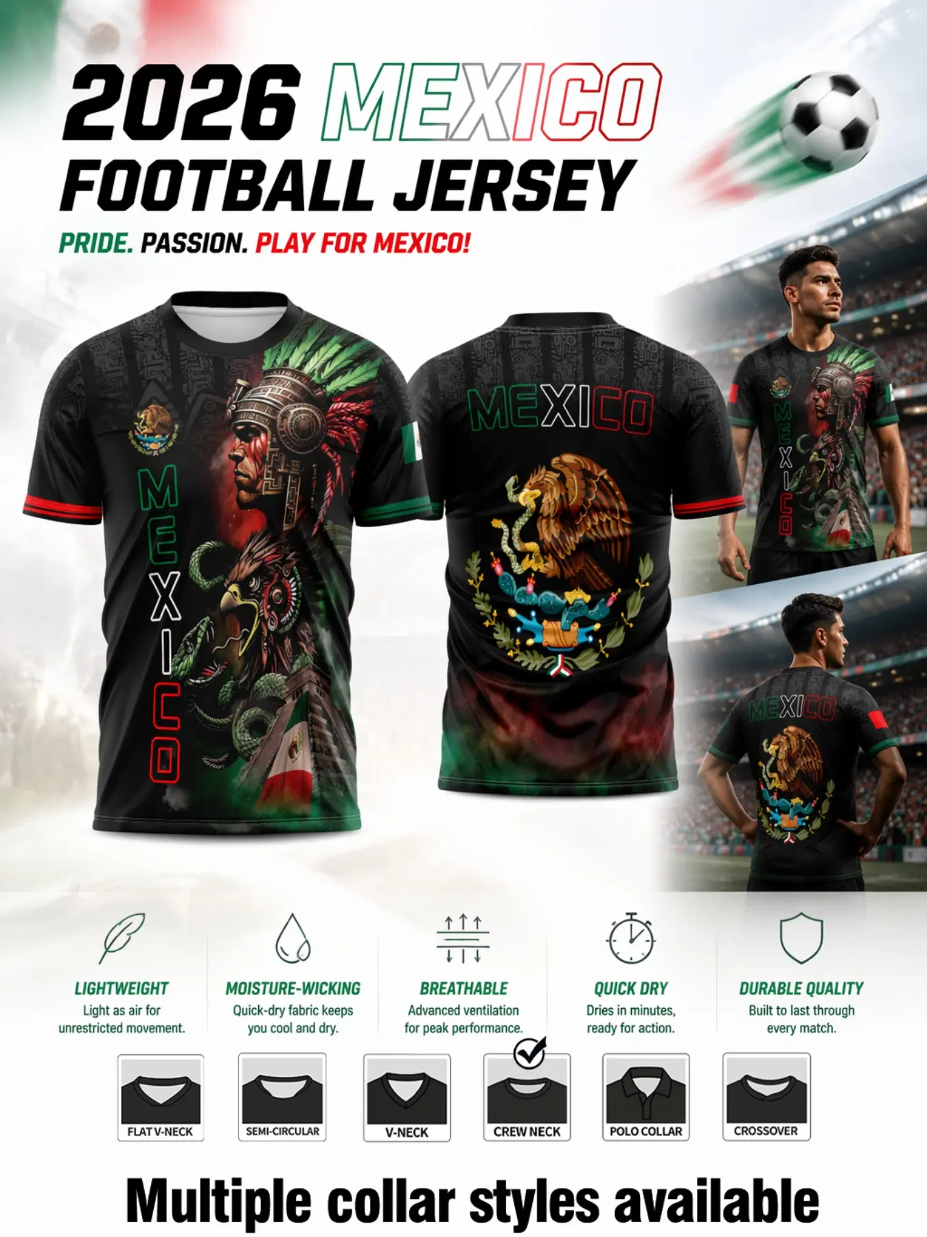 2026 Mexico Sport Short Sleeve Jersey, Summer Training Clothing, Aztec Warrior Print, Fitted Design, Ideal for Training, Outdoor Activities, Streetwear