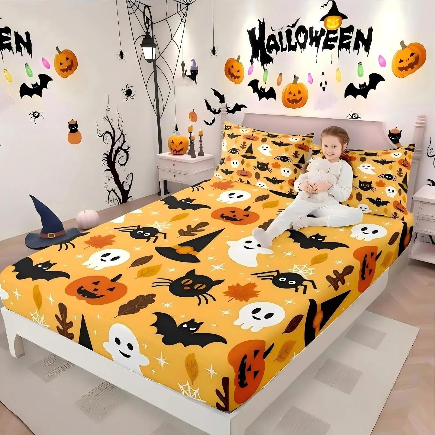 Halloween Bed Sheet Set for Kids, Cartoon Pumpkin Design, 3-Piece Bedroom Decor, Single & Twin Size, Ghost Theme