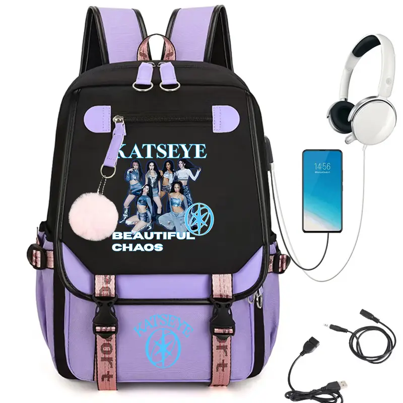 Korean Style Graphic Print Backpack with USB Port, Lightweight Student Bag, Casual Travel Backpack for Boys Girls