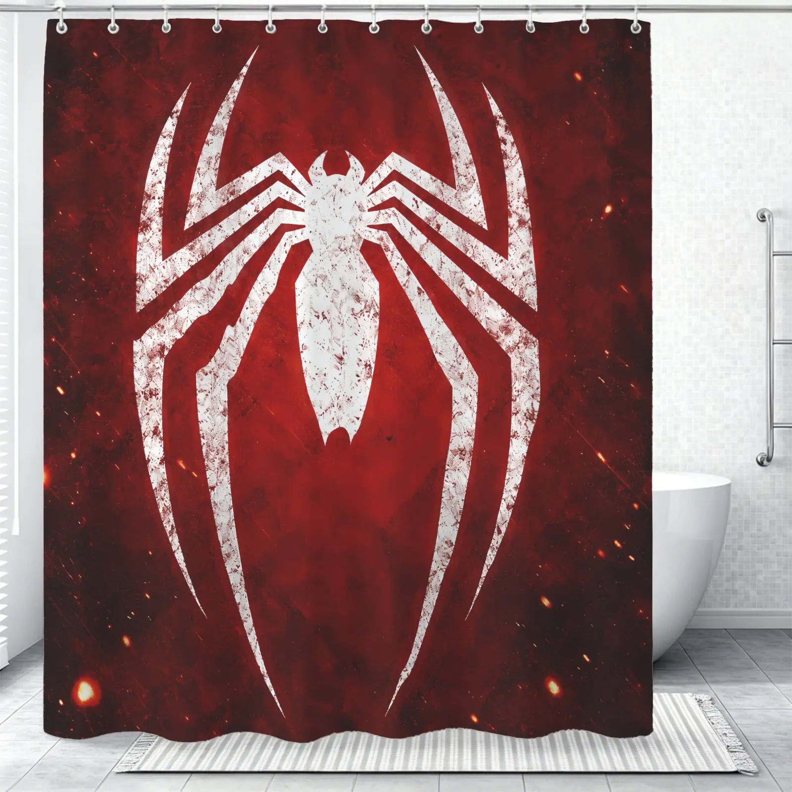 1‑Pack Vintage Red Spider‑Pattern Fabric Shower Curtain, single‑sided digital print, waterproof with included hooks, bathroom decor curtain for superhero fans, all‑season usable and ideal gift‑giving pick