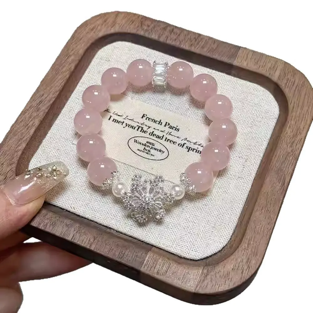 Natural Rose Quartz Beaded Bracelet with a Spinning Snowflake Charm, Elegant Romantic Crystal Jewelry for Women's Everyday Style, Female, Workwear, Adults, Glossy, Round, Comfortable Fit