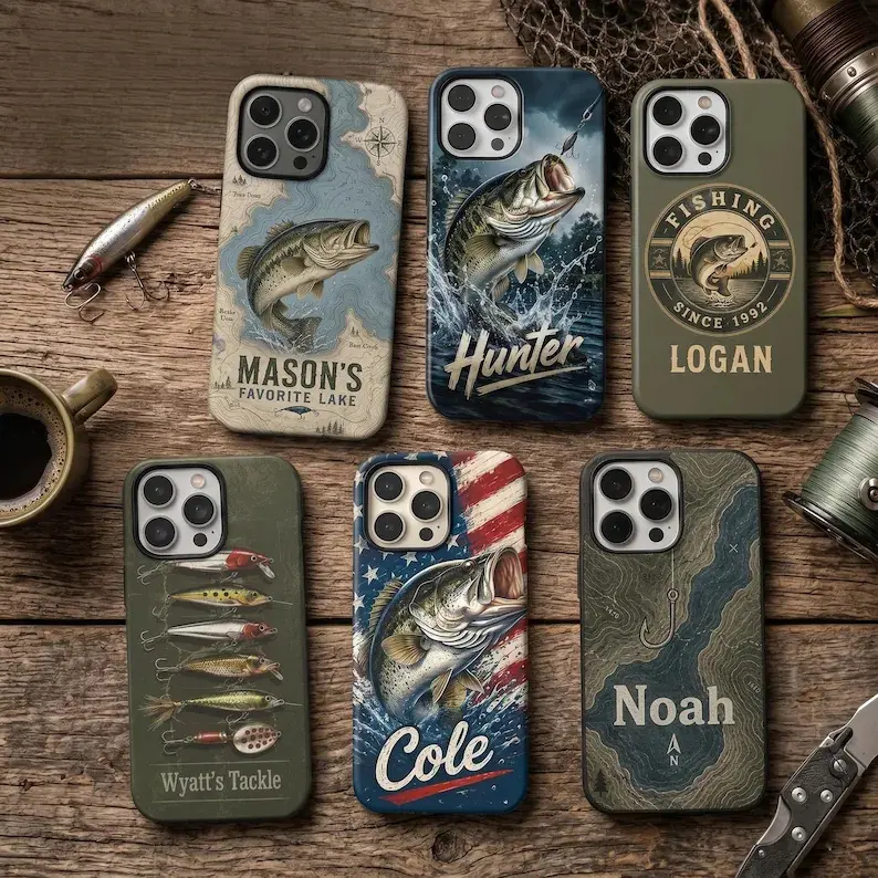 Custom Name Protective Shell - Personalized Fishing Gift for Dad, Multi-Model iOS & Android Phone Case for iPhone 17-13, Samsung Galaxy S26-23, Fisherman Husband Cover, Custom Names, Iphone & Galaxy