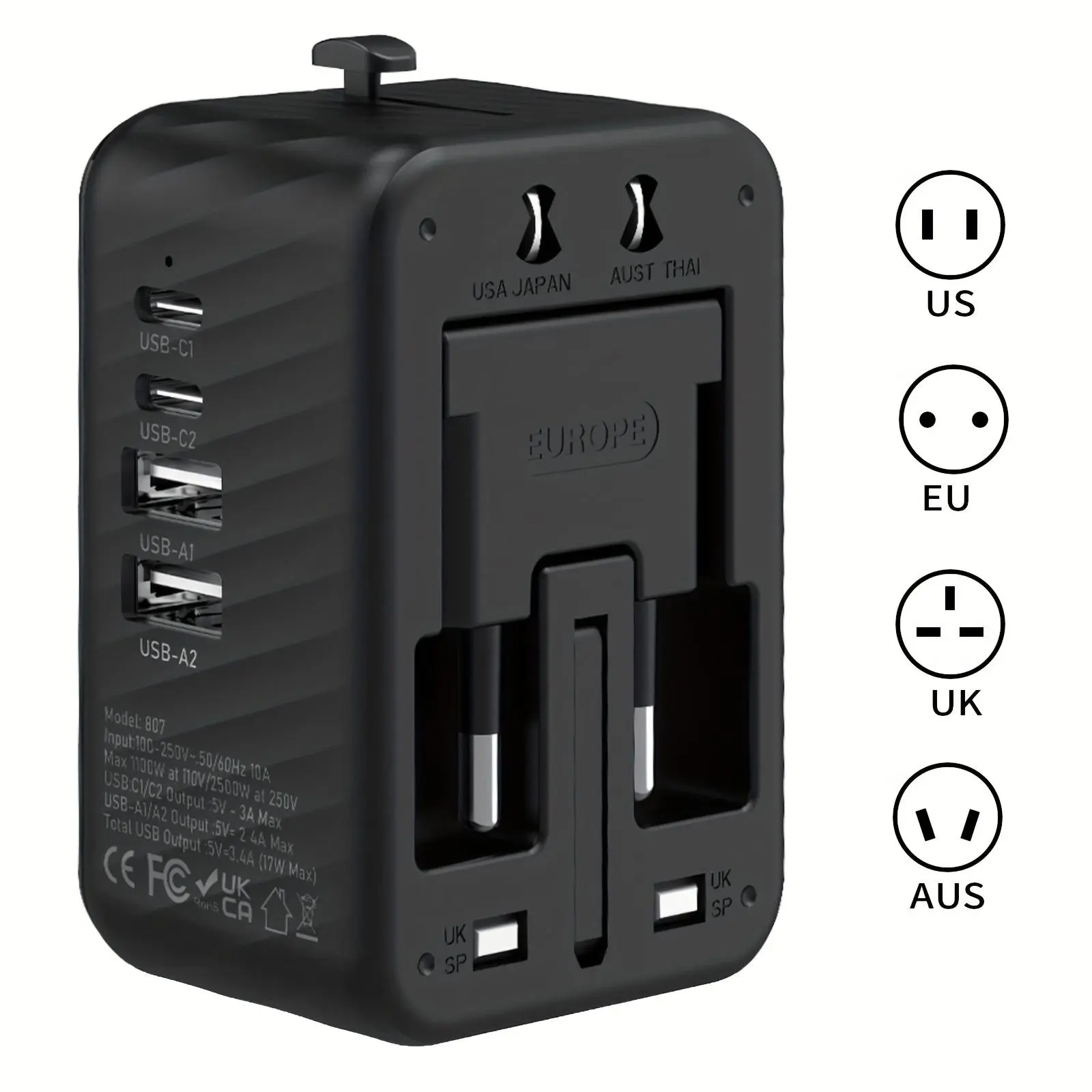 Universal Power Socket Converter - Multi-Region Travel Charger with Dual Outlet Adapters, 4 Ports (2 USB-C, 2 USB-A) for Europe, Asia Use (Fashion Accessory Keychain), Universal Socket, Usb Outlets