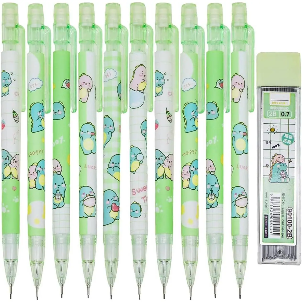 12 count 0.7mm Cute Dinosaur Mechanical Pencil with 100 count 2B Refill | Dino Auto Pencil With Eraser For Drawing Writing Sketching Stationery Supplies
