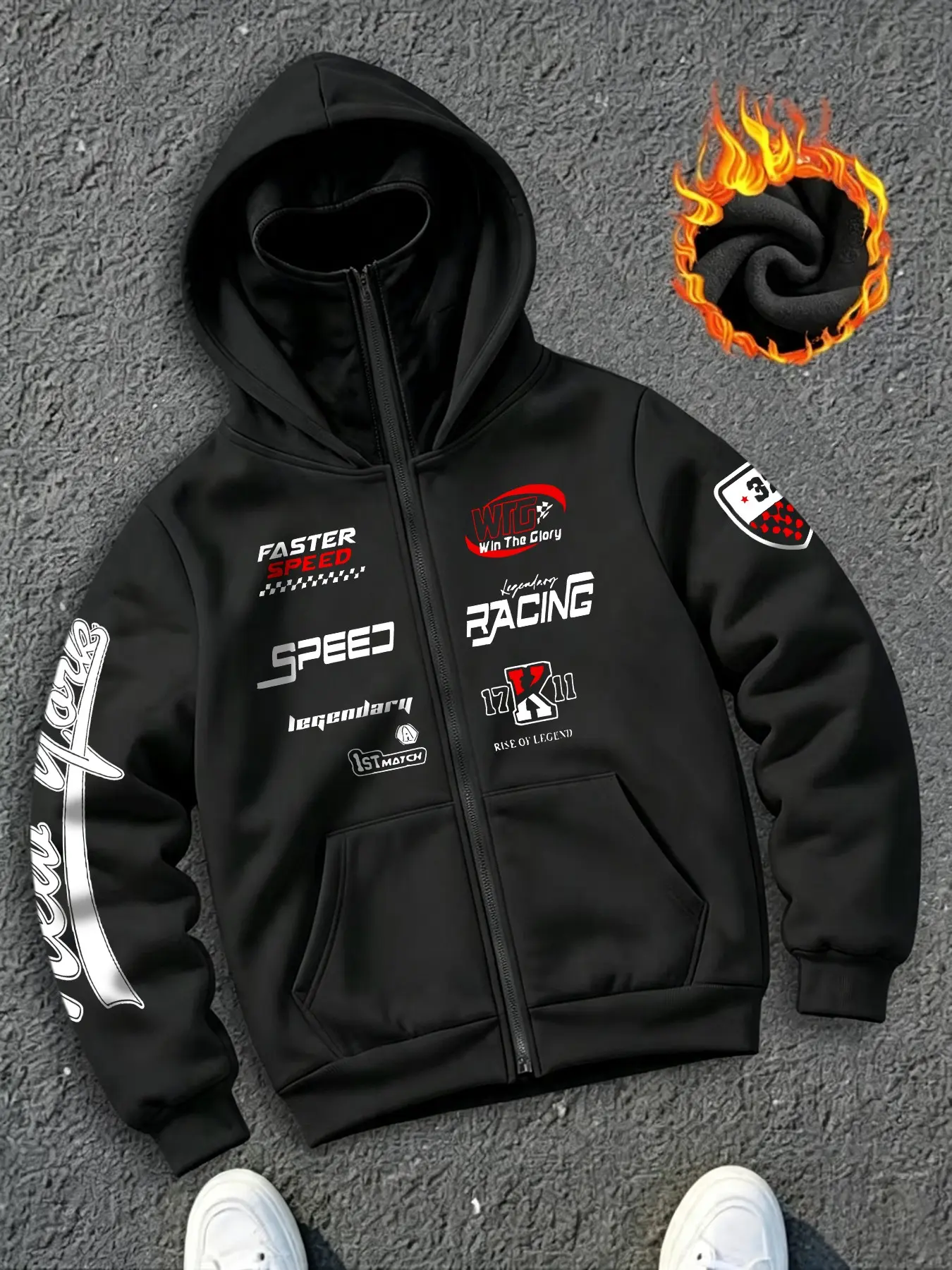 Men's American Racing Style Fleece Lined Zipper Hoodie, Motorcycle Badge Letter Print, Loose Shoulder Thick Warm Open Front Jacket