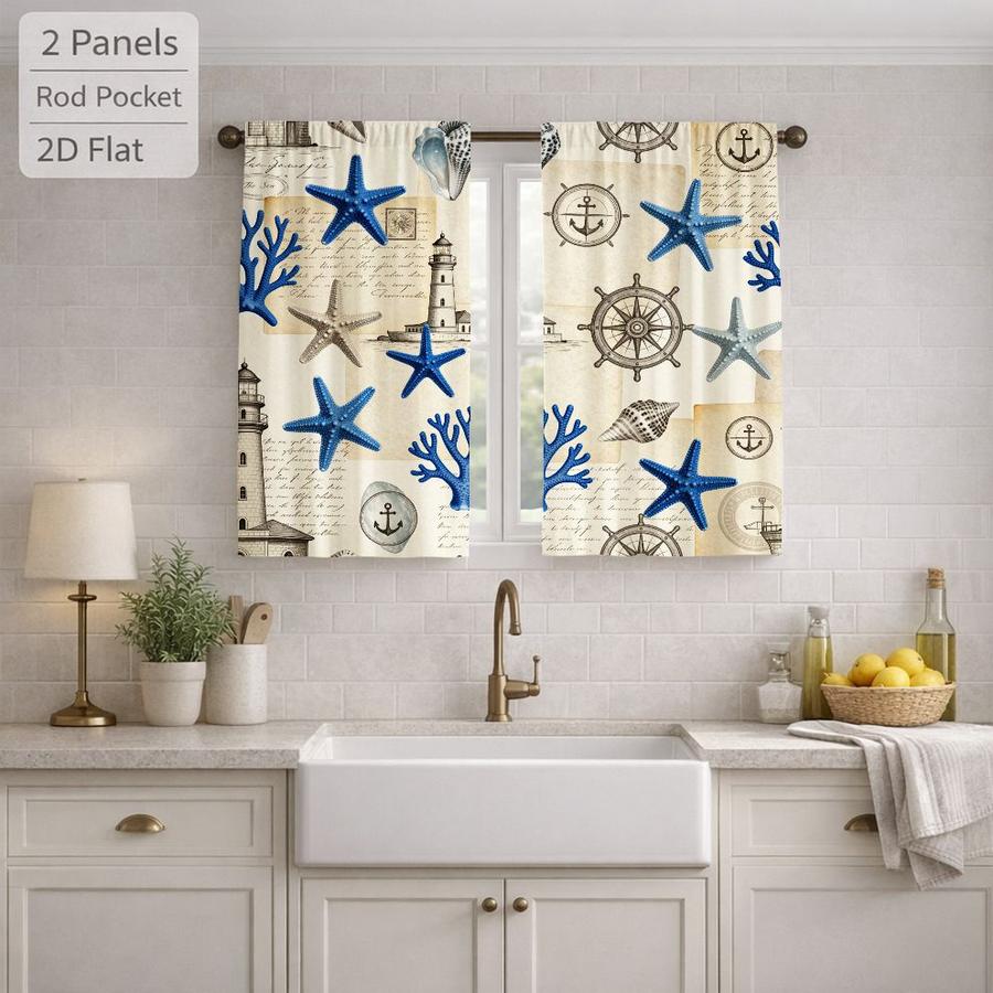 2Pcs Coastal Nautical Starfish Coral Lighthouse Pattern Sun Blocking Curtains Digital Printed Rod Pocket, Window Treatment For Bedroom Office Kitchen Living Room Study Home Decor