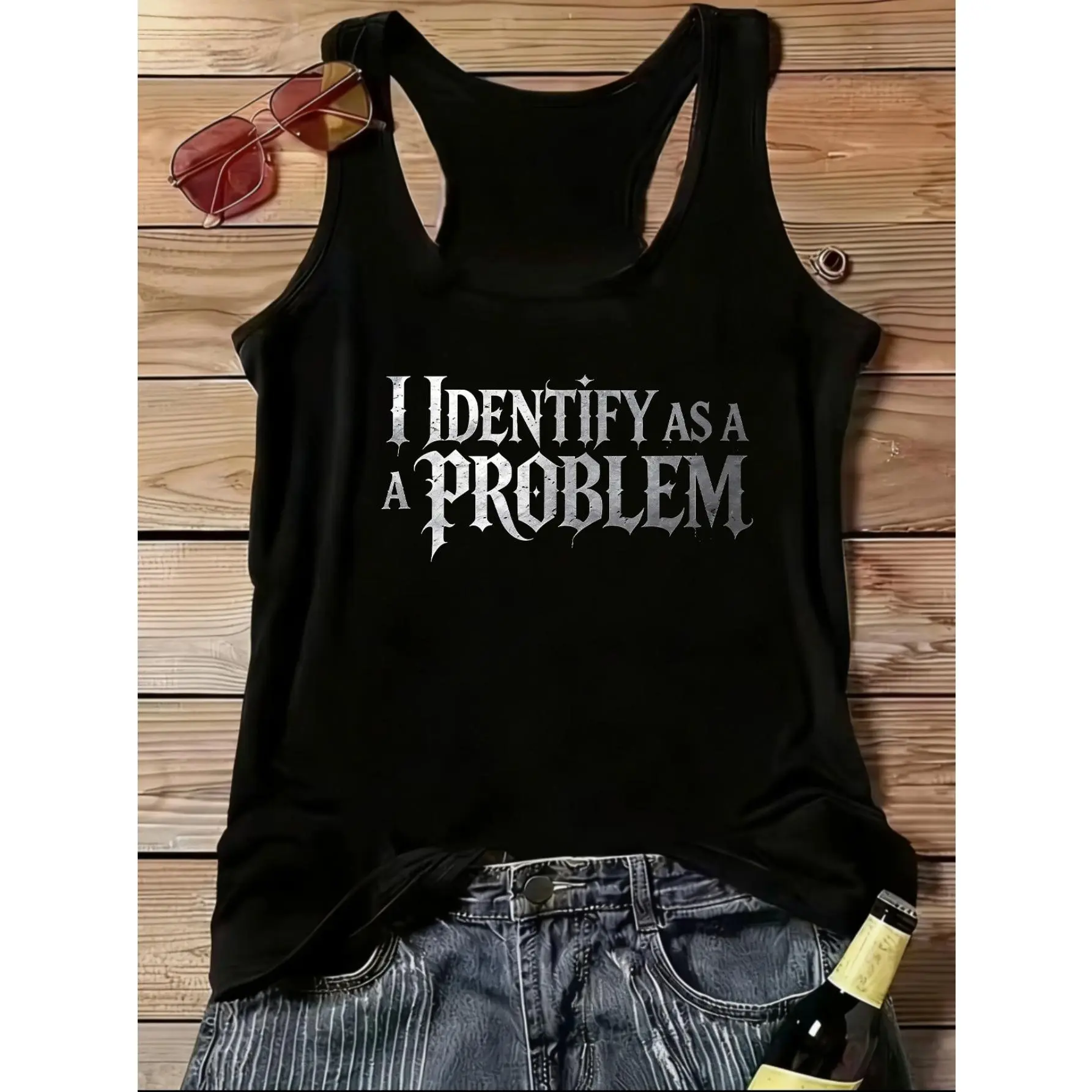 Women's "I Identify As A Problem" Gothic Metal Text Graphic Tank Top, Dark Aesthetic Sleeveless Top, Edgy Casual Racerback Tank