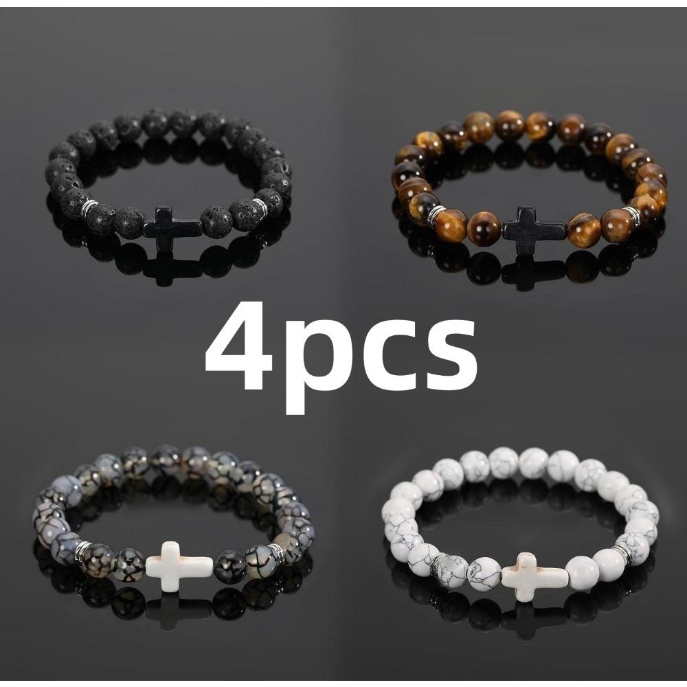Elegant Cross Beads Bracelet Set 4/6/9 pcs for Men Women Adjustable 8mm Natural Lava Stone Beads Anti-Allergy Stainless Steel Cross Cuff Charm Bracelets Unisex Beauty & Personal Care All Skin Types