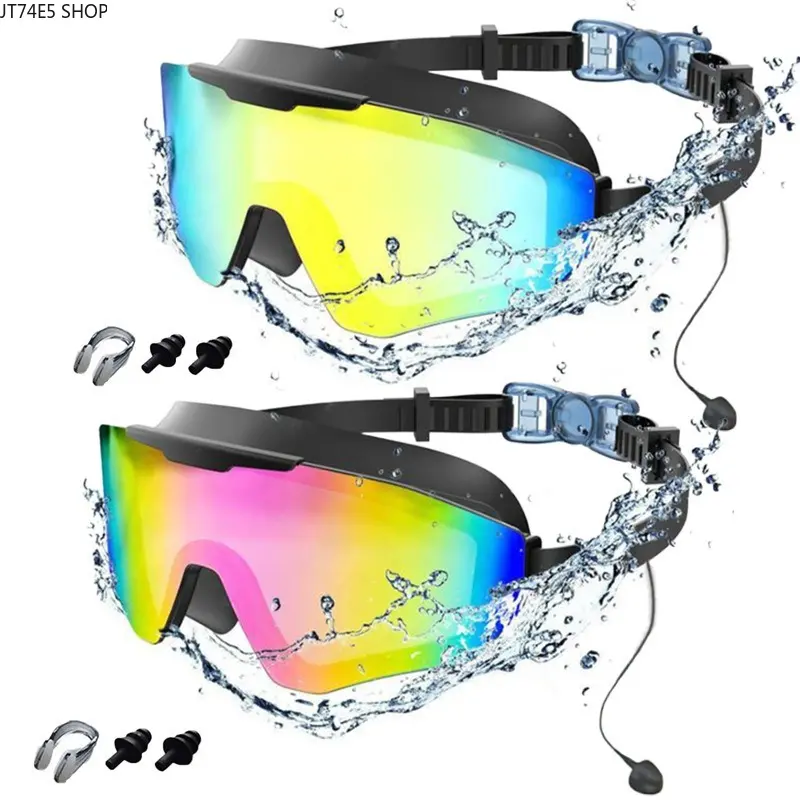 Electroplated Adult Swim Goggles, Large Frame HD Anti-Fog Waterproof Unisex Swimming Glasses with Integrated Earplugs
