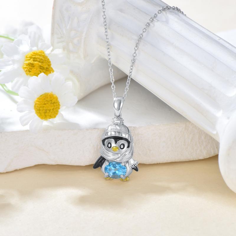 Penguin Necklace for Women 925 Sterling Silver Genuine Swiss Blue Topaz Lovely Ocean Sea Animal Pendant Ladies Jewelry Easter Birthday Gifts for Mother