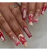 Red Press on Nails Short - Square Fake Nails with Leopard Print Design - French Tip False Nails Press ons - for Women Christmas Manicure 24Pcs