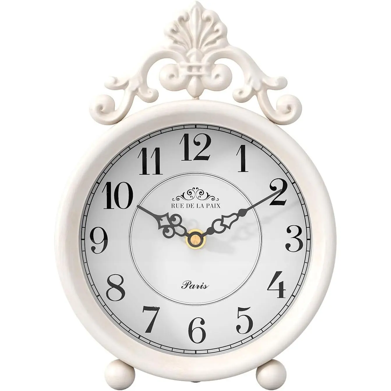 Vintage White Table Clock, Desk and Shelf Mantel Clock, French Rustic Antique Style Decor Clocks, for Farmhouse, Bedroom, Living Room, Bedside, Gift (9" H x 6.3" W)
