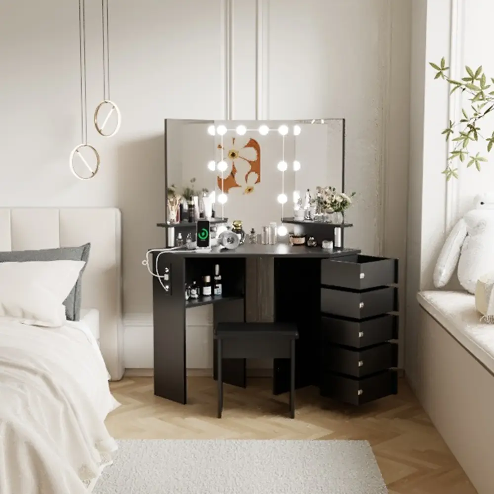 Corner Makeup Vanity Desk – Modern Makeup Dressing Table with Adjustable 3-Color Mirror, 5 Rotating Drawers, Built-In Charging Station, Storage Shelves & Matching Stool