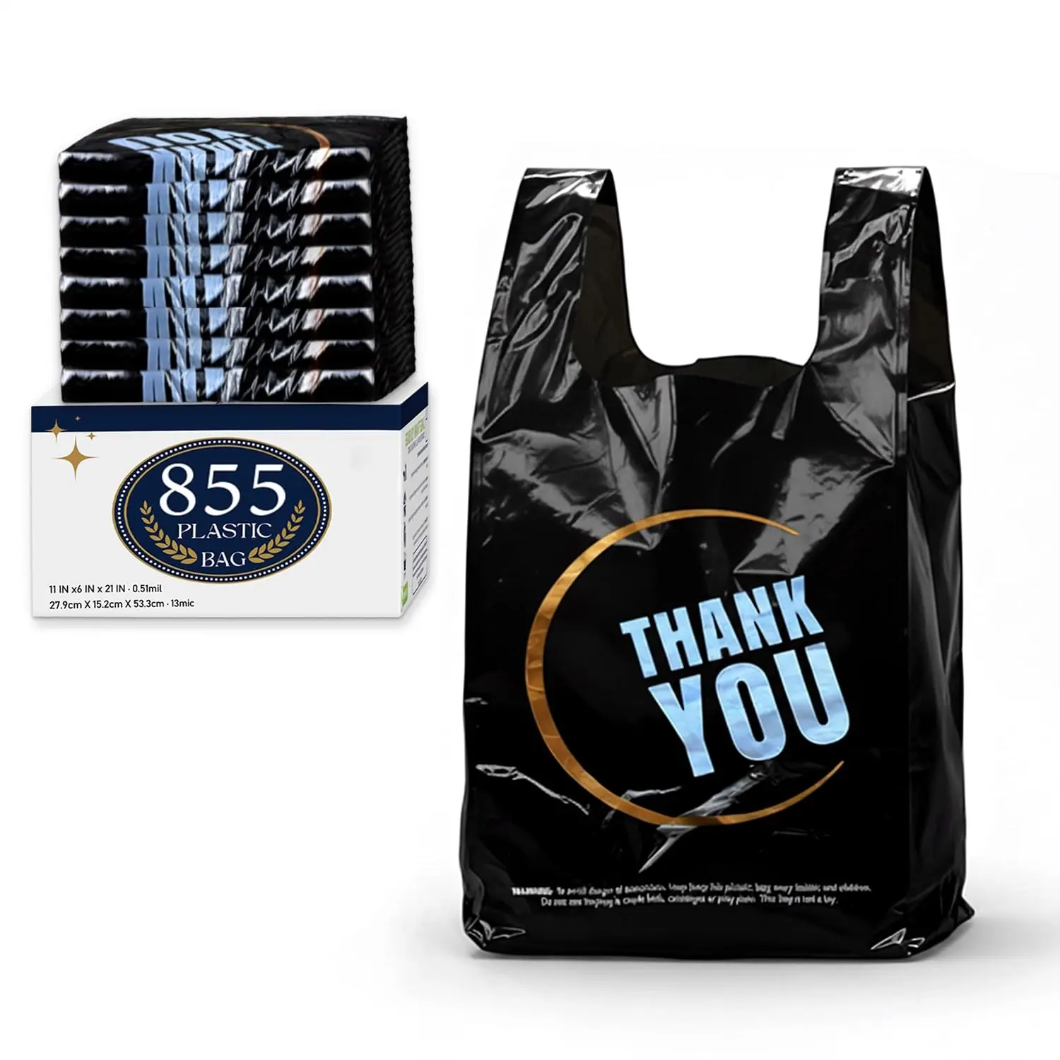 855 Pack Black T-Shirt Bags with Handles, 11.5"x6.25"x21" Durable HDPE Plastic Shopping & Carry-Out Bags for Grocery, Retail, Takeout & Small Business