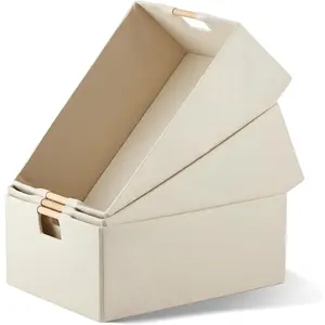 3 Pack Fabric Storage Bins for Closet Shelves, Rectangle Wardrobe Organizer with Handle, Collapsible Shelves Storage Basket for Sorting Clothes and Toy (Beige,15 x 10.6 x 6 Inch)