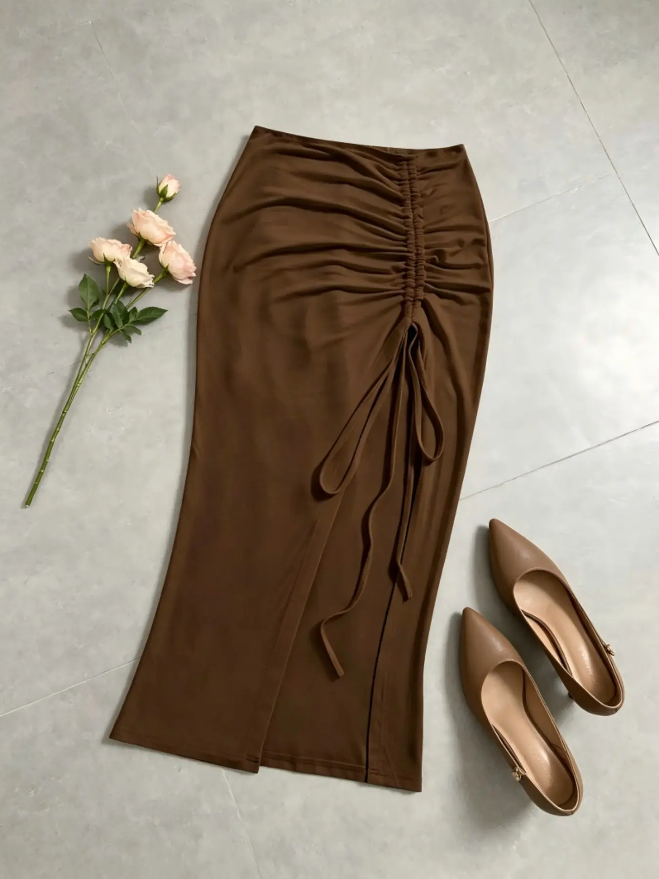 Elegant Slim-Fit Solid Color Bodycon Skirt with Side Drawstring Ruching Tie Design and Slit, Knee-Length Holiday Style Casual Wear for All Seasons Bottom