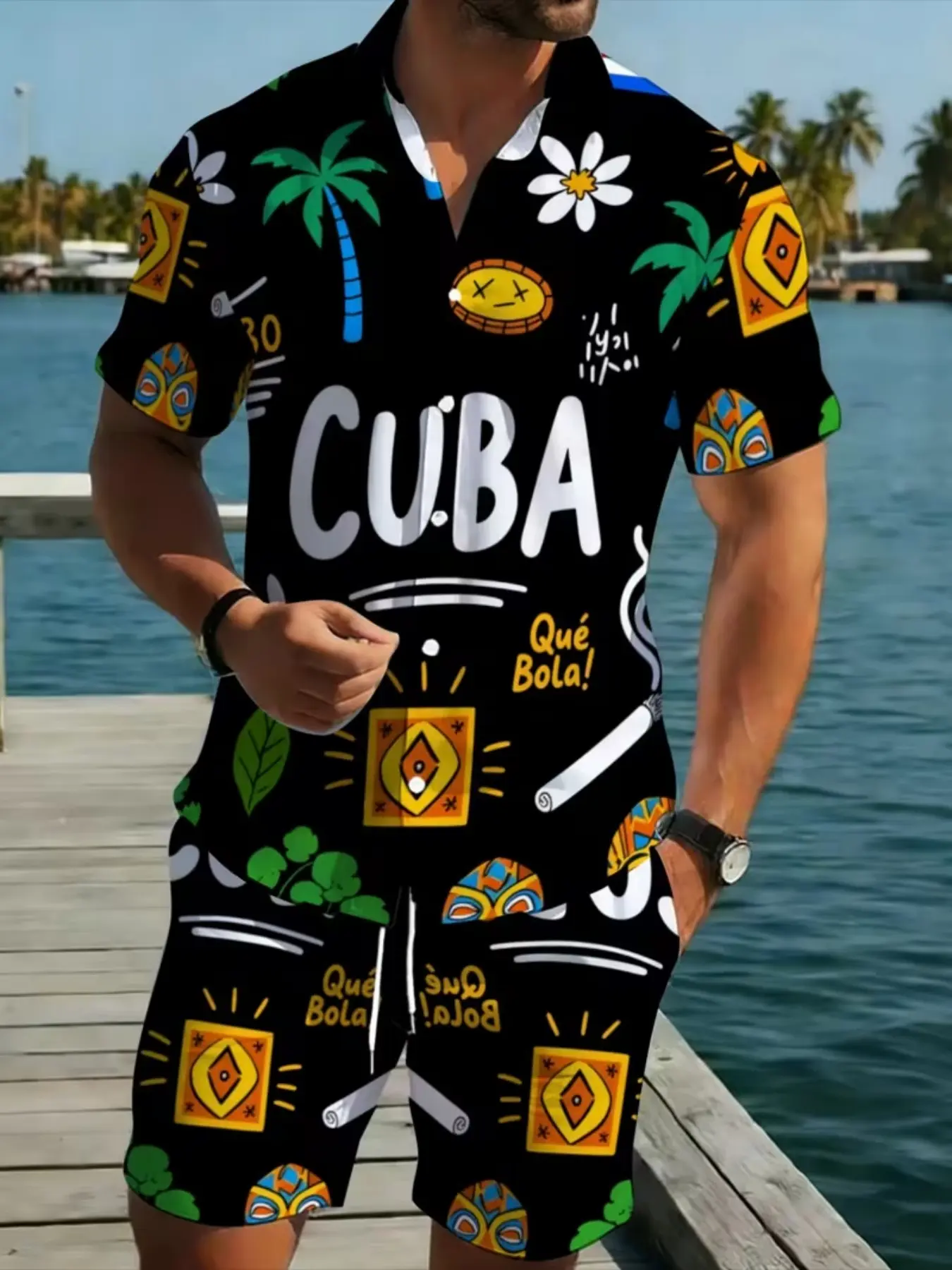 Men's Cuban Style Printed Short Sleeve Shirt Set, Casual Vacation, Beach Party Wear, Comfortable Summer Clothing