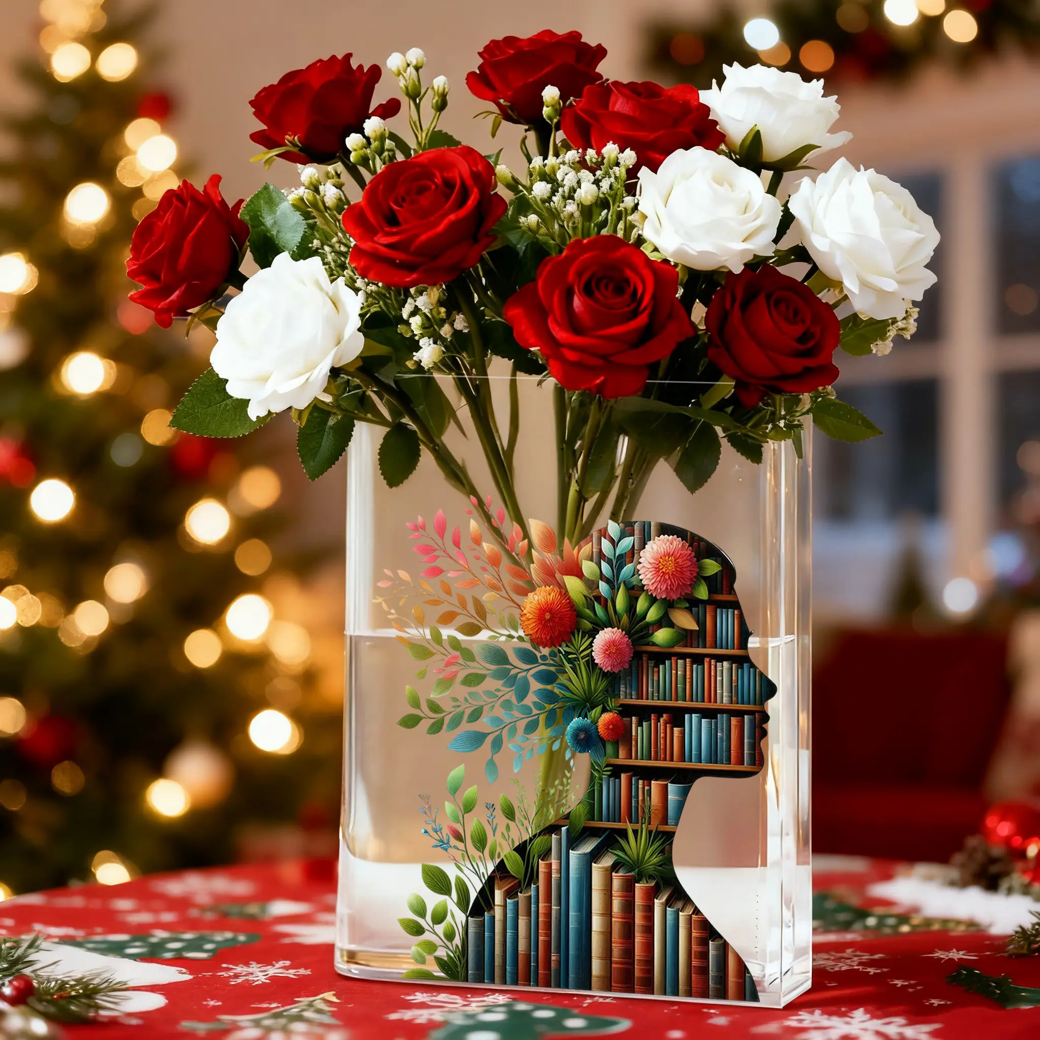 Clear Acrylic Book Shaped Vase with Inspirational Quotes, Boho Rectangular Desktop Centerpiece for Books & Flowers, Aesthetic Room Decor Gift for Wedding, Party, Birthday, Christmas and Valentine's Day