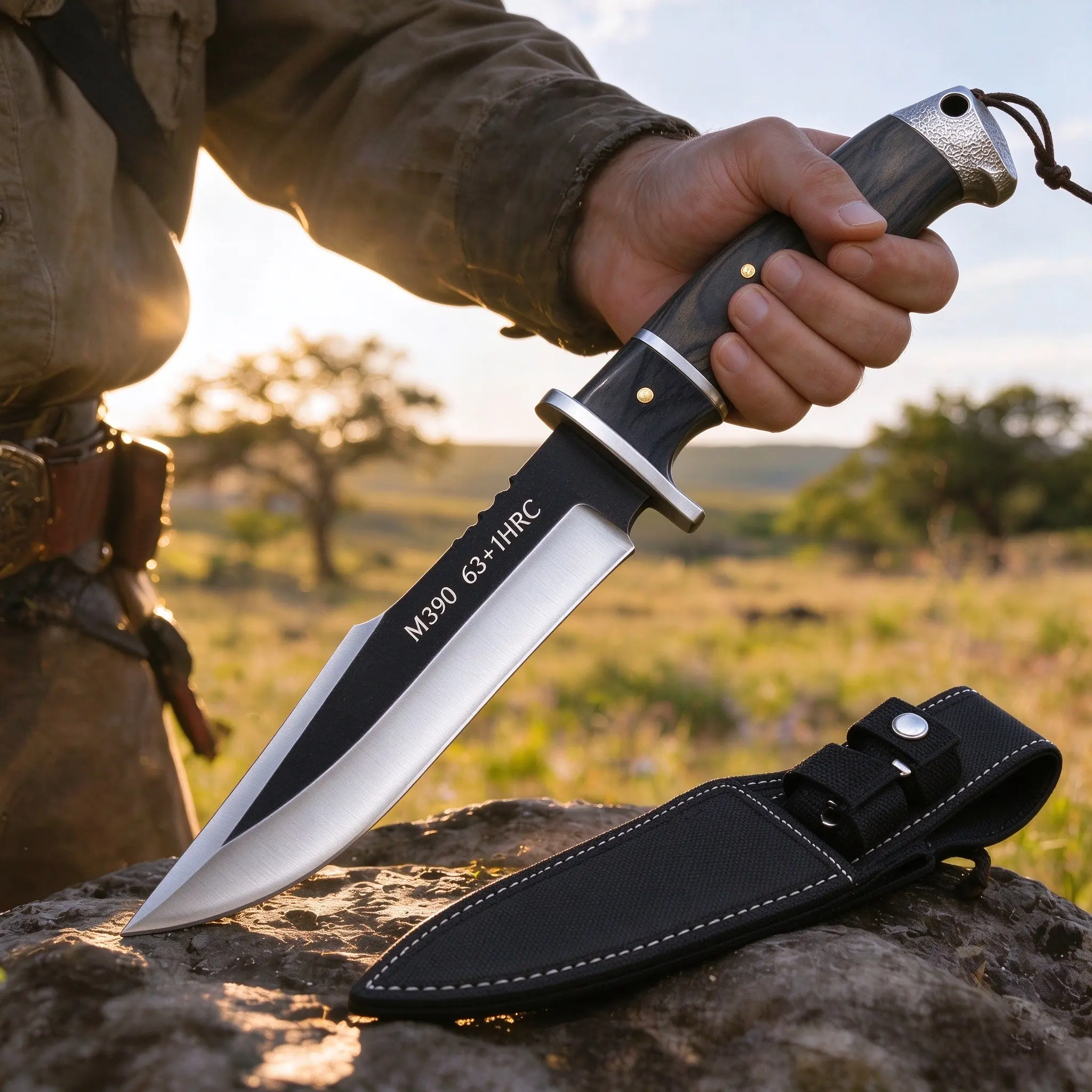 12" Fixed Blade Outdoor Knife | M390 Steel, Two-Tone Black Coated Blade with Satin Edge, Wood Handle, Full Tang, Nylon Sheath