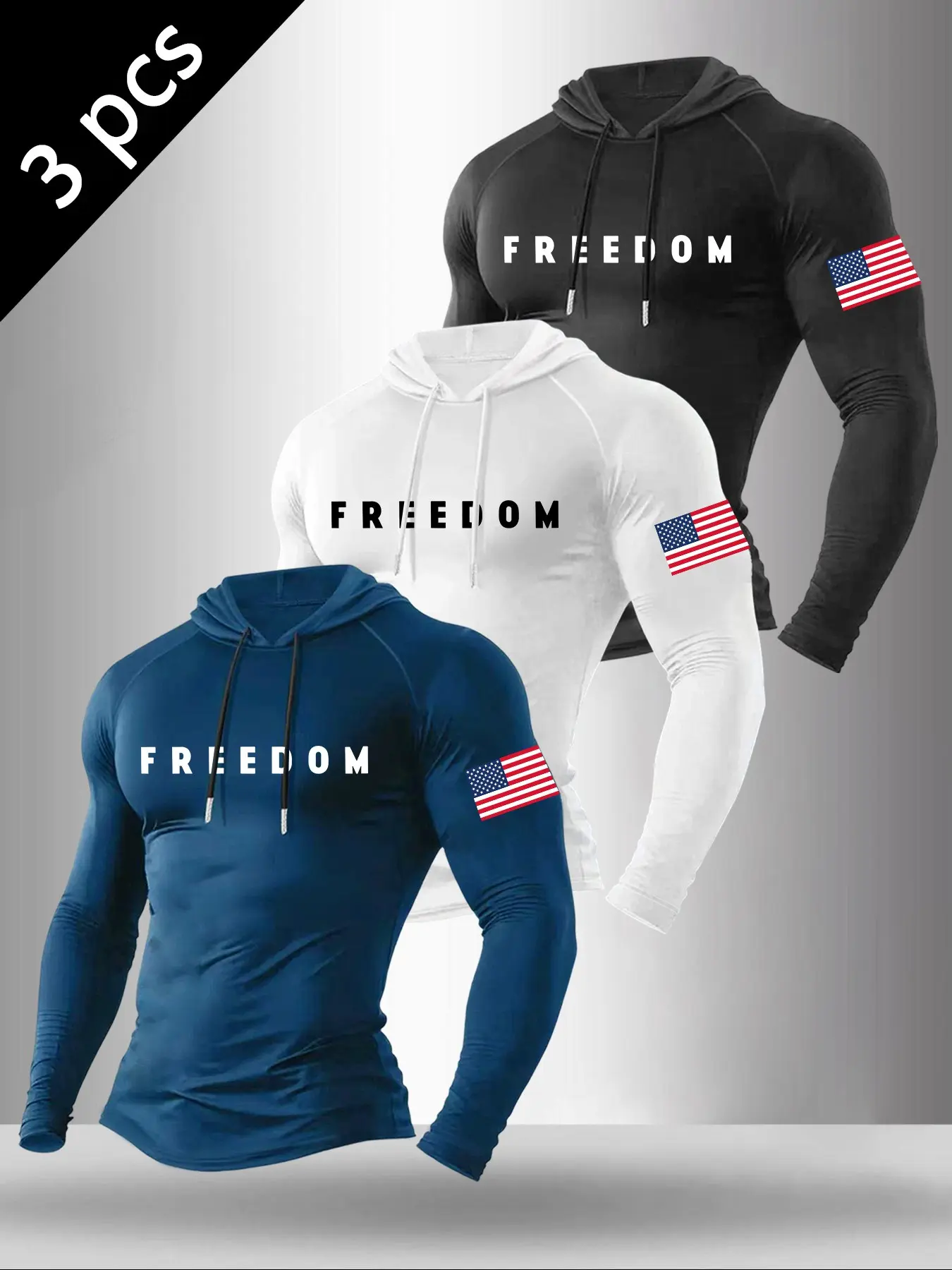 3 Pack Mens Drawstring Long Sleeve Hooded Shirts Freedom Letter Chest Sleeve American Flag Dual Print Graphic Slim Fit Raglan Sleeve Patriotic Streetwear Tops For Gym Daily Urban Casual Outfit#PatrioticHoodedTops #FreedomPrintShirts #outfitinspo