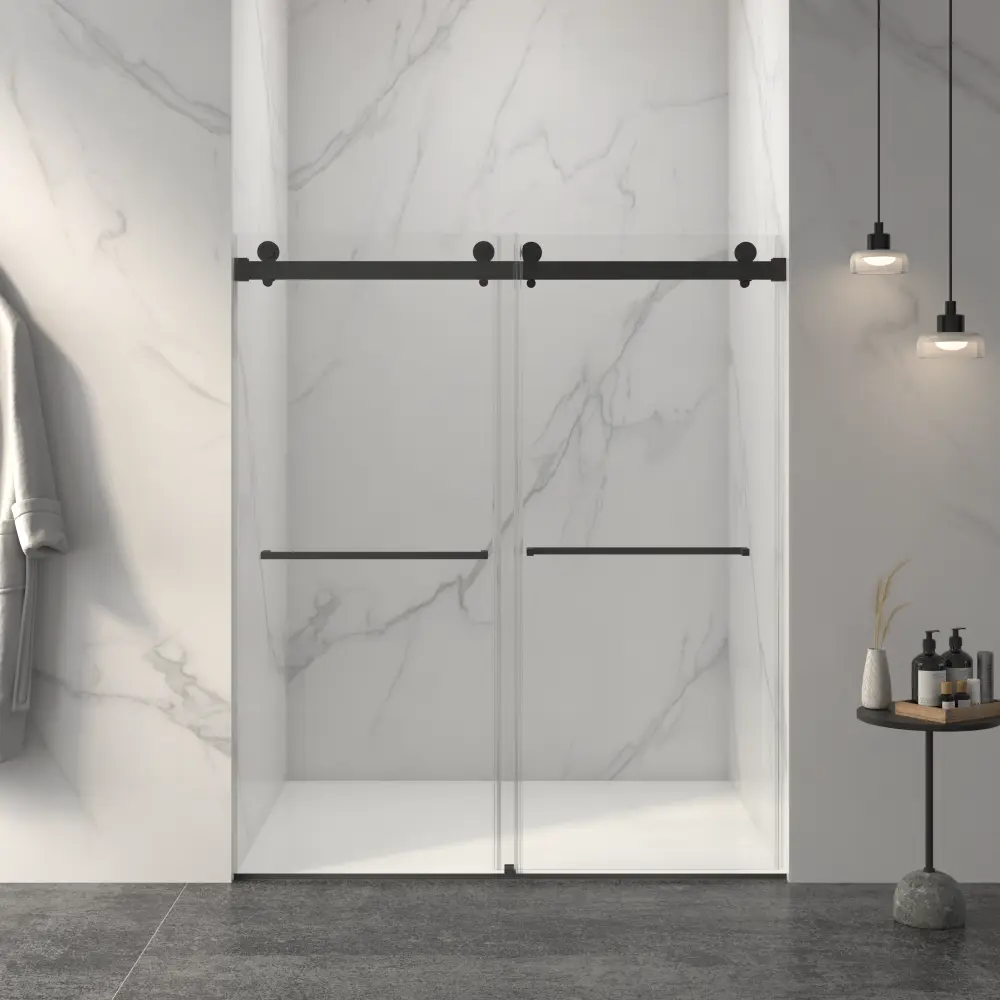56-60"W x 70"H Frameless Double Sliding Shower Door, 5/16" Tempered Glass, Buffer