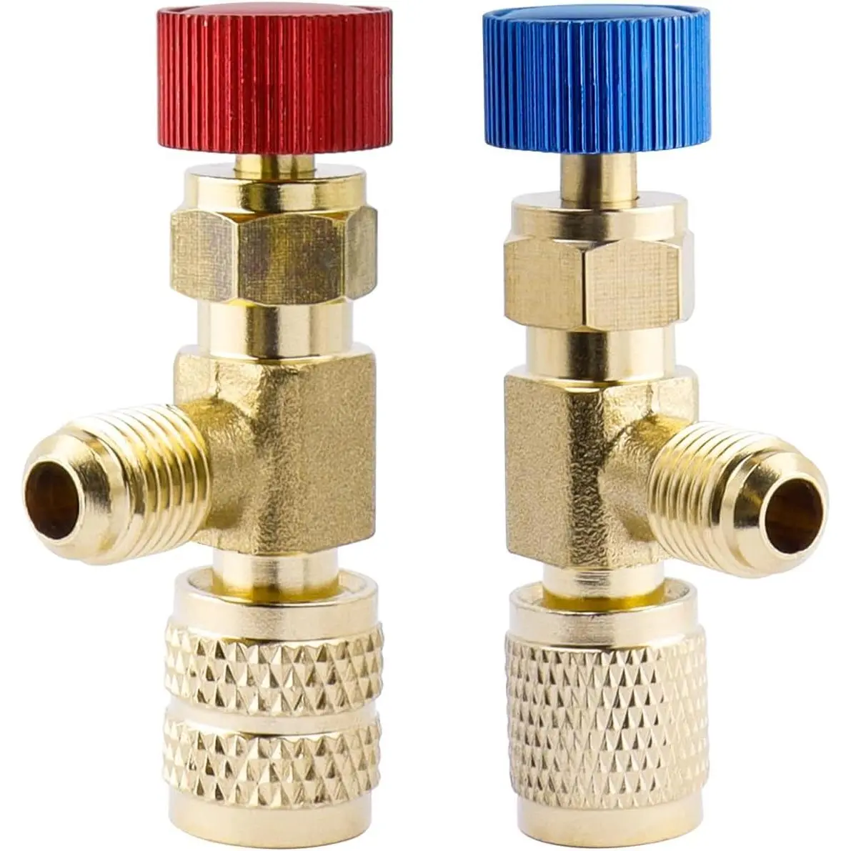 2 count Refrigerant  Valve Set, Brass Low Loss HVAC Fittings, 1/4" & 5/16" Safety Adapter Flow Control Ball Valve for R22 R410 Air Conditioner Manifold Maintenance Tools