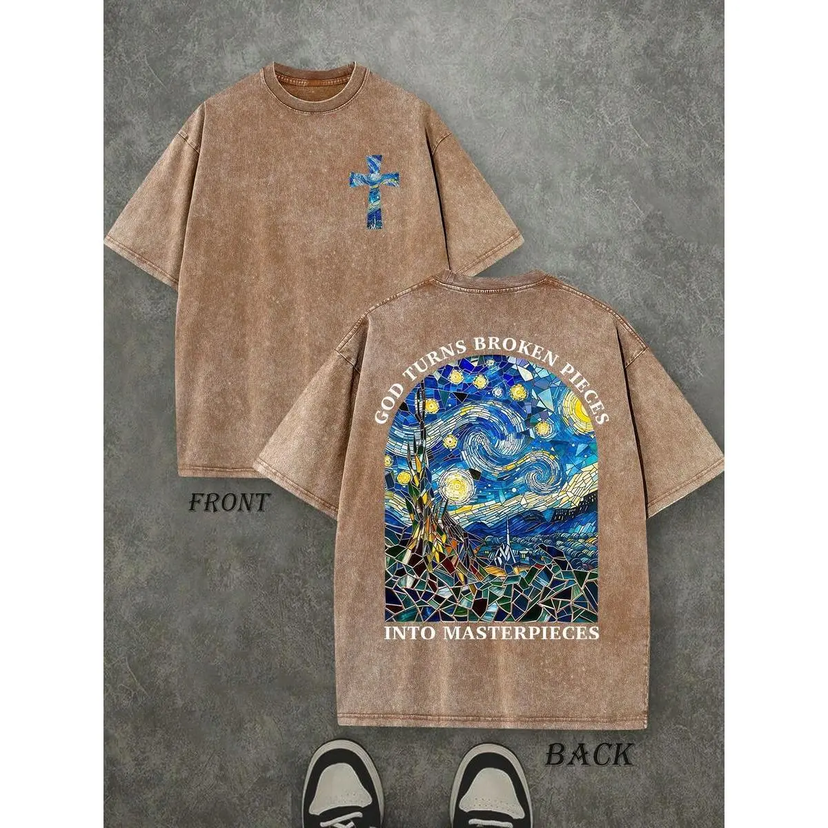 Heavyweight Washed Cotton T-Shirt Unisex Vintage Streetwear Double-Sided Print "GOD TURNS BROKEN PIECES" Christian Tee