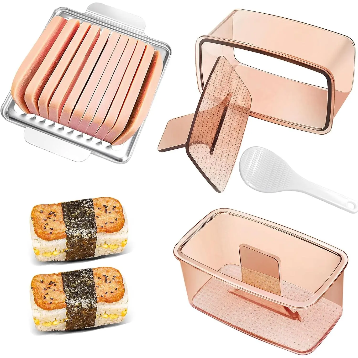 Durable Family Kitchen Musubi Press Mold Set - 2-Pack Compact Small Hawaiian Onigiri Maker Kit with 1 Count 304 Stainless Steel Luncheon Meat Slicer for Spam Prep, Dishwasher Safe Textured Synthetic Utensils, DIY Cooking Kitchen Gadget