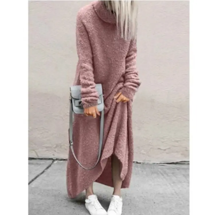 Cozy Plush Casual Turtleneck Dress Solid Color Ladies Fall Winter Daily Dress