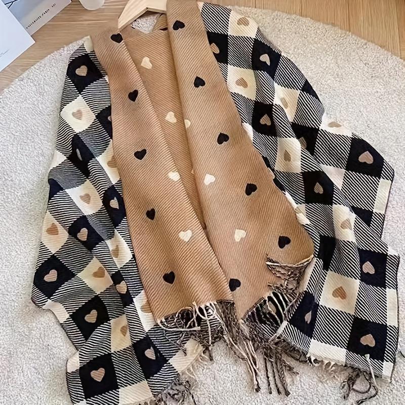 Elegant Reversible Love Heart Scarf for Women  Thick Warm Windproof Polyester Shawl, Cozy Oversized Wrap for Autumn & Winter, Perfect for Travel, Outdoor Activities & Daily Cold-Weather Wear