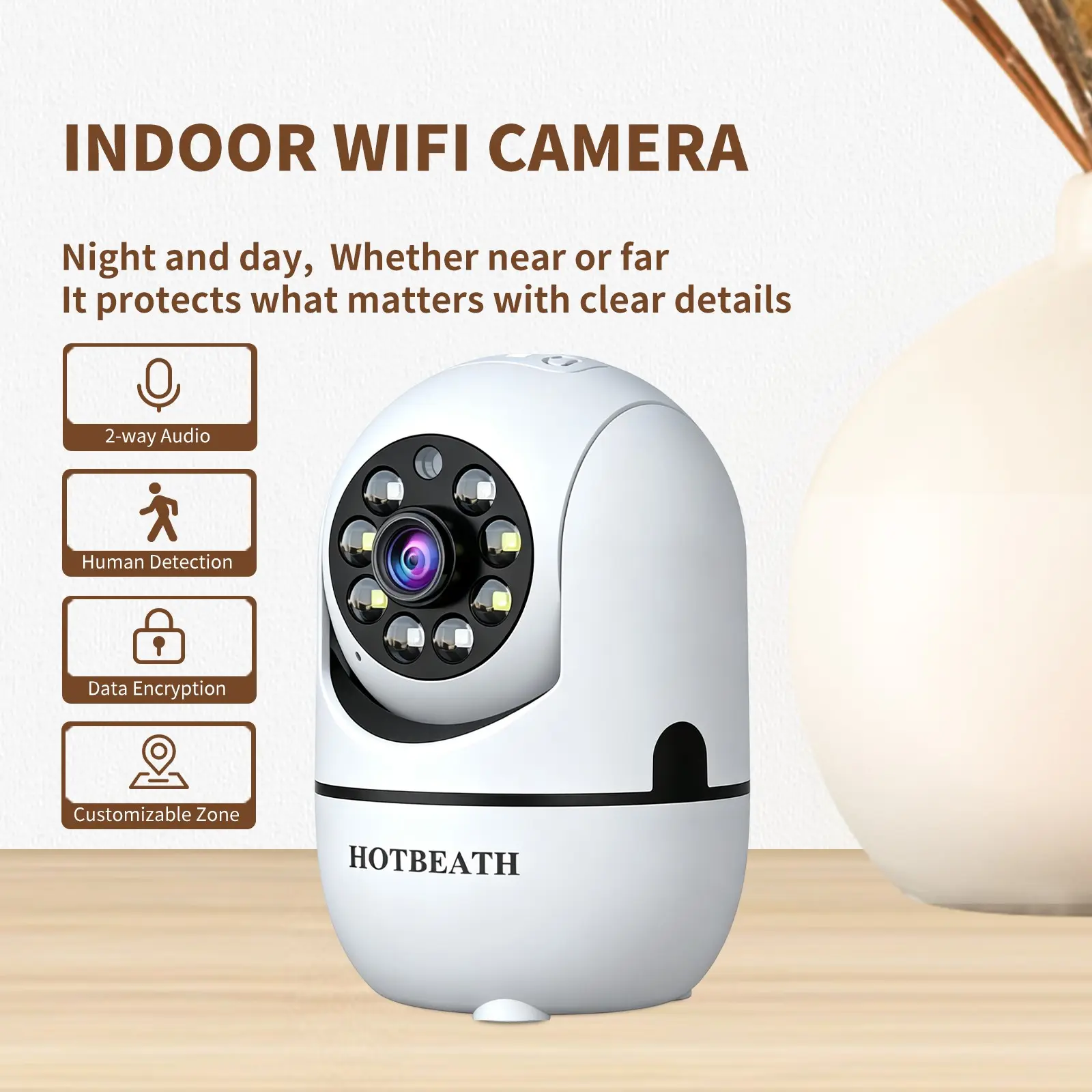 CCTV Security Camera Indoor Monitor, 2mp Full Color Night Vision, Two-Way Voice Communication, Motion Detection, Human Detection