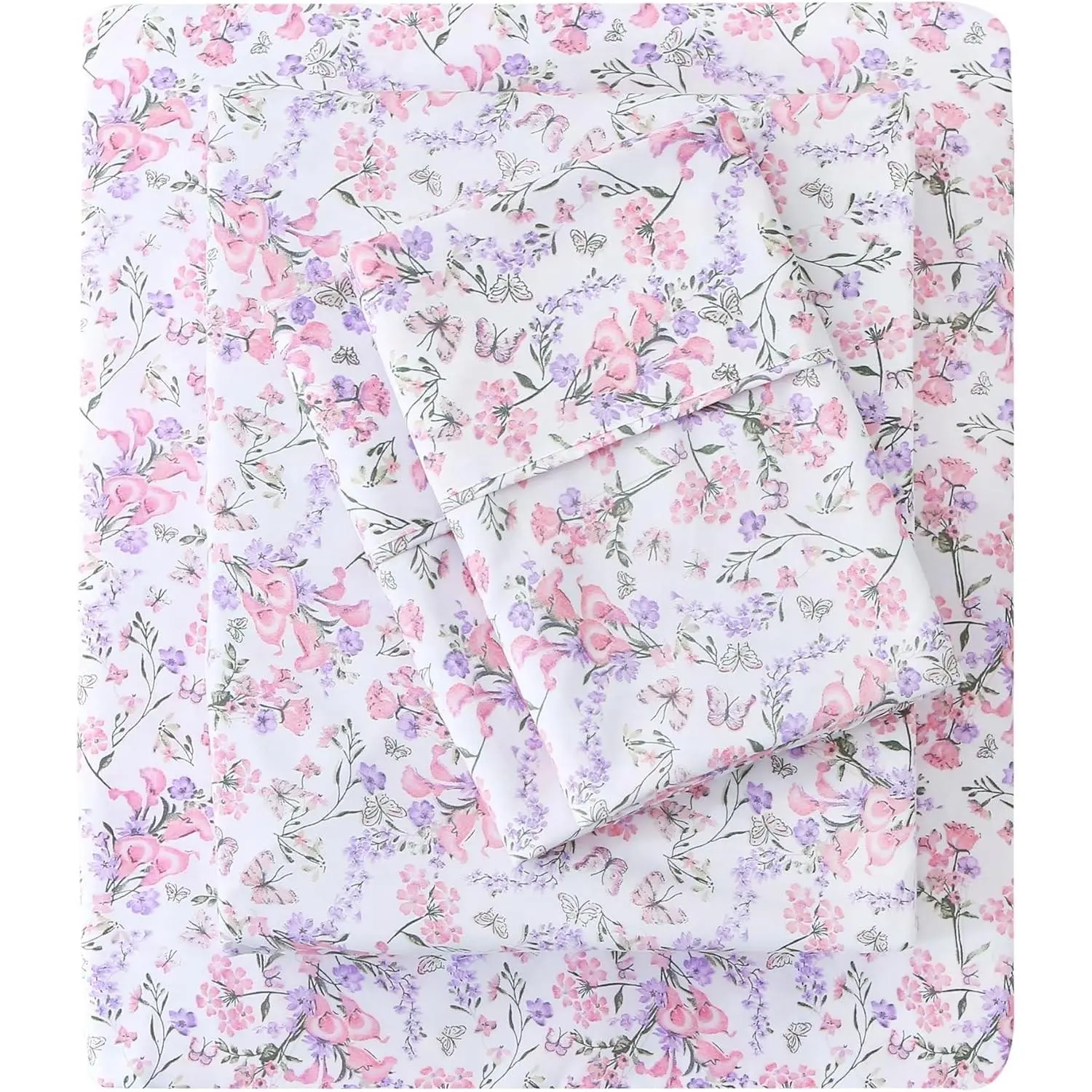 Queen Size Vintage Floral Microfiber Bed Sheet Set - Breathable Soft, Deep Pockets, Non-Slip Fitted Percale Cotton Sheets with Pink Purple Flower Pattern