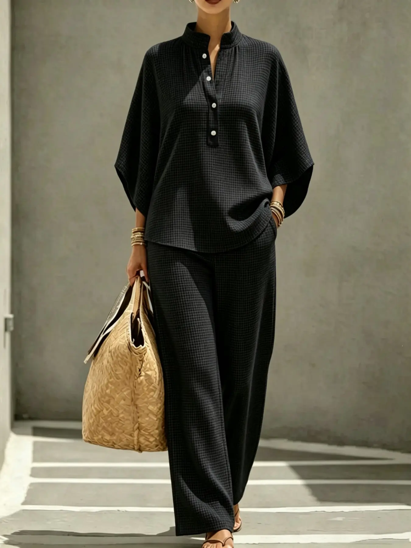 Elegant Women's Polo Neck Loose Waffle Set, Fashionable Home & Travel, Stylish European & American Design, Perfect for Various Occasions, Casual